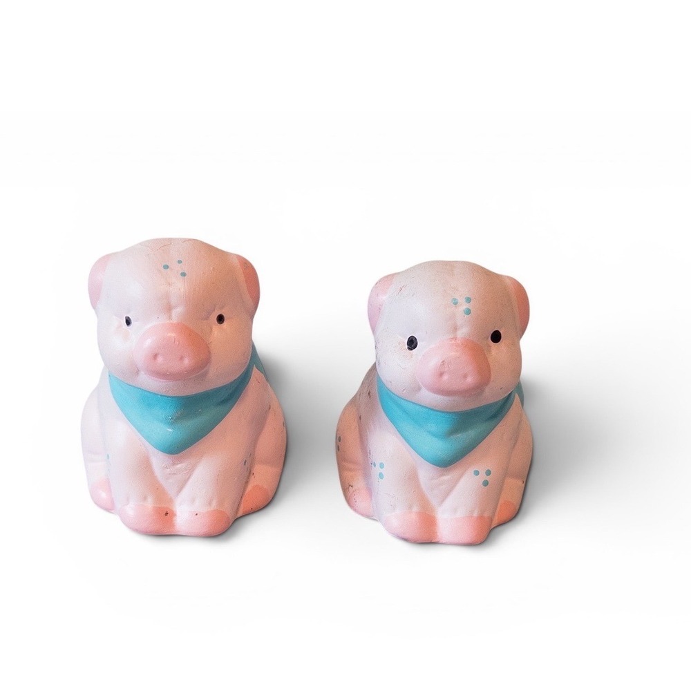 Vintage Pink Pig Ceramic Salt and Pepper Shakers Set with Blue Bandanas